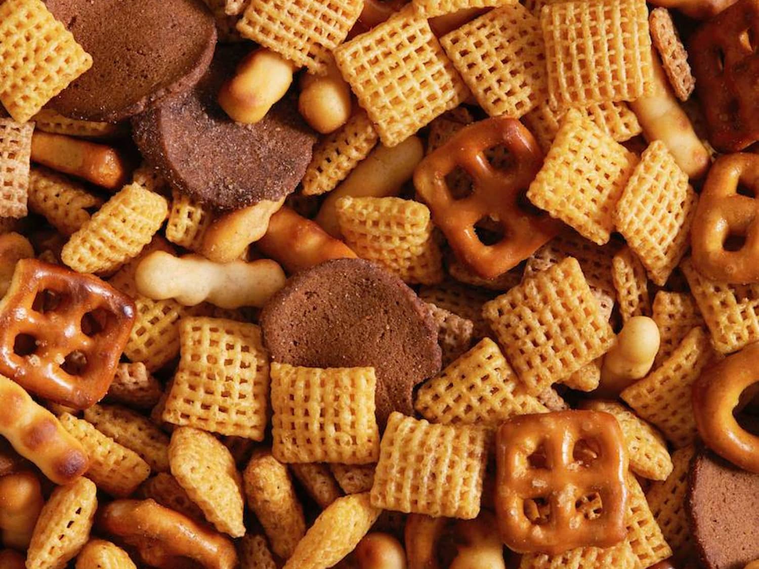 Close up of Chex Mix pieces